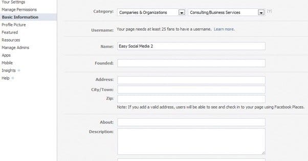 Facebook Page Information Input