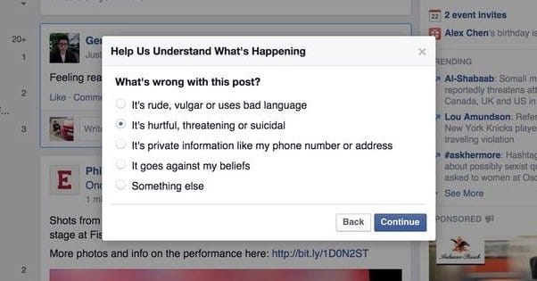 Reporting a Facebook Post