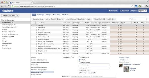 Facebook Power Editor Screenshot