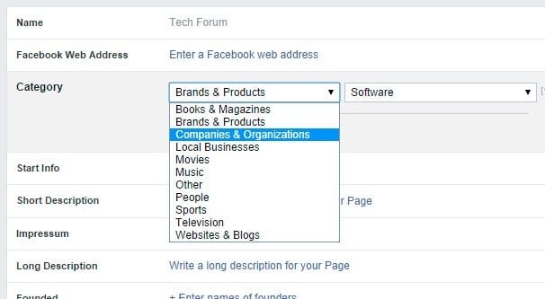 Edit Category on Facebook Page
