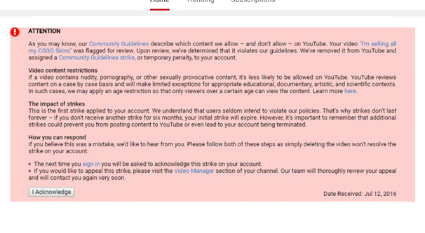 YouTube Account Strike Example