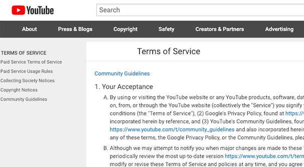 YouTube Terms Page