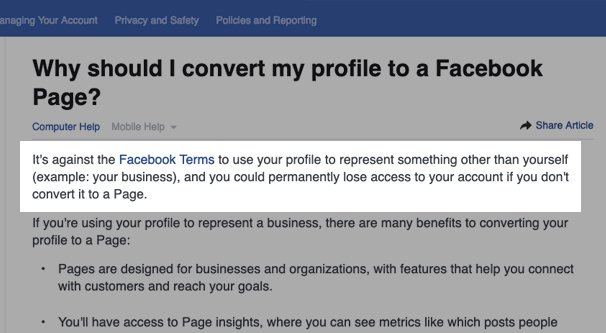 Facebook Terms on Profile for Business