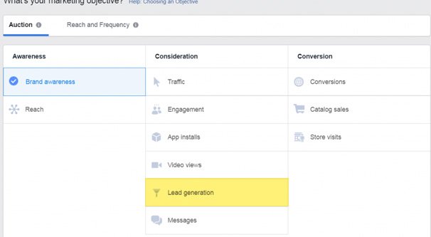 Example Facebook Ad Goal Lead Generation