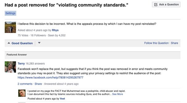 Facebook Help Article on Removed Posts